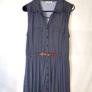 Indigo Rose Navy Blue White Polka Dot Sleeveless Dress Belt Dress Size L